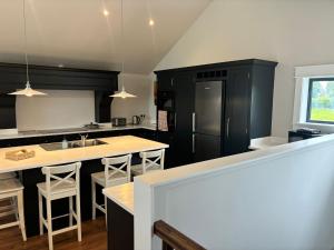 a kitchen with black cabinets and a black refrigerator at Lough View Lodge in Ballyronan