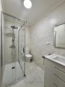 a bathroom with a shower and a toilet and a sink at La Luz de La Concha in Suances +10 photos