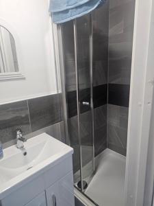 a shower with a glass door next to a sink at Rose Acre Home Basildon in Basildon