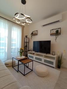 a living room with a television and a couch at Szemesbay Serenity Apartman in Balatonszemes