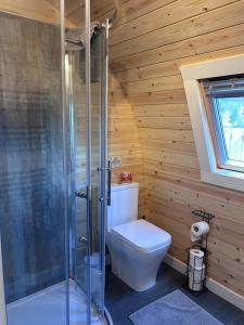 a bathroom with a toilet and a glass shower at Dalrigh Pod 2 in Onich +13 photos