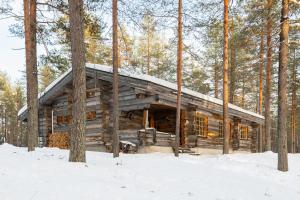 a log cabin in the woods in the snow at Villa Poronperä in Kuusamo