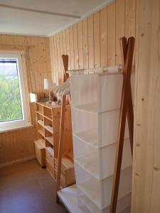 a room with a closet with shelves and a window at Haus Elise in Saalfeld