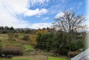 a view of a field with a bench and trees at Charming & Cosy Drymen Flat in Drymen +11 photos