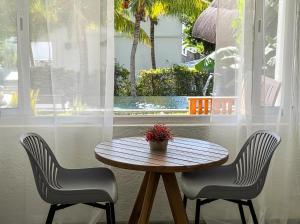 a wooden table with two chairs and a potted plant on it at Seven Elements Appart in La Gaulette