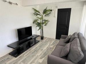 a living room with a couch and a flat screen tv at Seven Elements Appart in La Gaulette