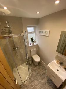 ein Badezimmer mit Dusche, Toilette und Waschbecken in der Unterkunft Clauds Close in Hughenden