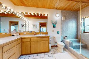 a bathroom with a toilet and a shower and a sink at Double R in Gualala +20 photos