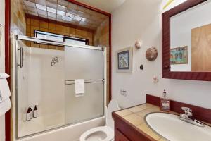 a bathroom with a shower and a toilet and a sink at Nature's Paradise in Gualala +11 photos
