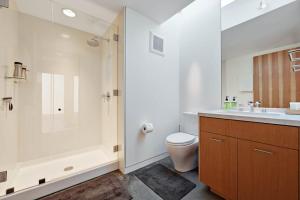 a bathroom with a shower and a toilet and a sink at Sky Fall in Sea Ranch