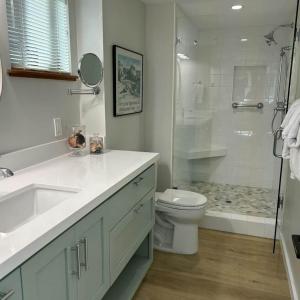 a bathroom with a sink and a toilet and a shower at Sea Trees in Sea Ranch