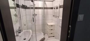 a white bathroom with a shower and a sink at Idylla Apartamenty Gościnne blisko centrum in Kudowa-Zdrój +17 photos