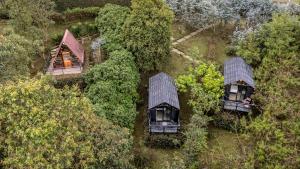 an overhead view of three cottages in a forest at Tiny House La Silleta in Medellín
