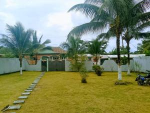 a yard with two palm trees and a house at La casa in Kribi