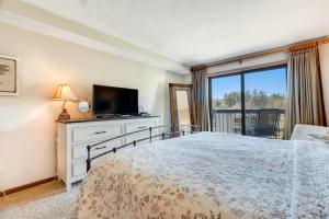 a bedroom with a bed and a tv and a window at Chetola Cardinal 201 in Blowing Rock