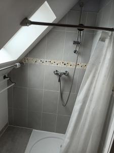 a bathroom with a shower with a shower curtain at VERYAC'H in Camaret-sur-Mer