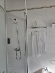 a bathroom with a shower and a white towel at Casa Poço Azul in Achadinha +33 photos