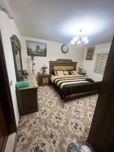 a bedroom with a bed and a mirror at اربد الحي الشرقي in Irbid