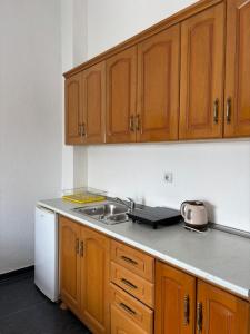 a kitchen with wooden cabinets and a sink at Villa Cherry in Bar