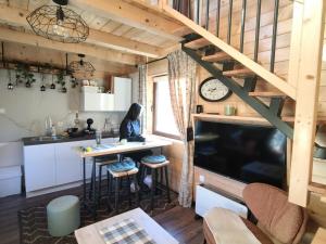 a woman sitting at a kitchen island in a tiny house at Kraljica Radoinja in Kokin Brod