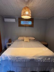a bedroom with a large bed with a chandelier at Dormis El Alba in Barreal