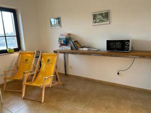 a room with two chairs and a counter with a microwave at Ekomarina - Pokój noclegowy 1 in Węgorzewo