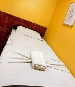 a bed with a towel laying on top of it at Hostal los Cheles in León