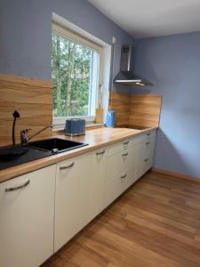 a kitchen with white cabinets and a sink and a window at Haus87a in Oberkirch