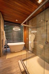 a bathroom with a tub and a glass shower at Pousada Recanto do Sambaqui in Balsa Nova +34 photos