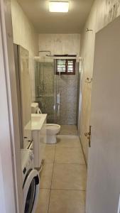 a bathroom with a toilet and a sink and a shower at Apartman Ljubo in Podgora +3 photos