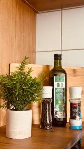 a shelf with a bottle of alcohol and a potted plant at Dachwohnung mit Südbalkon Sauna und Strandkorb in Mühlhausen