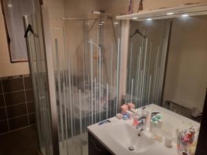 a bathroom with a shower and a sink and a sink at BEAUVAL et TRANQUILITE in Veuil