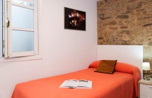 Un dormitorio con una cama con dos libros. en Pensión Rua Nova, en Santiago de Compostela