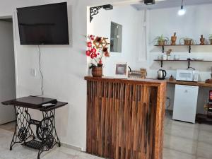 a living room with a television on a wall at Pousada da Aline in Sete Barras