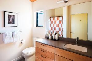 a bathroom with a sink and a toilet and a mirror at Wild Meadow in Sea Ranch
