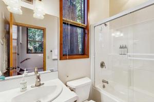 a bathroom with a sink and a toilet and a shower at Deep Woods Hideaway in Annapolis