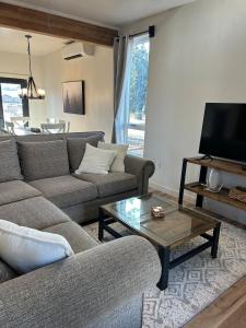 a living room with two couches and a television at The Farmhouse in Darby