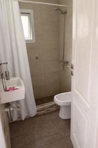 a bathroom with a shower and a toilet and a sink at Complejo del Jagüel Cabaña Virginia in Santa Teresita +4 photos