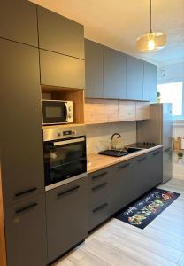 a kitchen with stainless steel cabinets and a microwave at Emily in Zadar