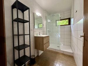 a bathroom with a shower and a sink and a mirror at Boogie House in Rendeux +24 photos