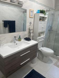 a bathroom with a sink and a shower and a toilet at B's Hidden Paradise in Philipsburg +15 photos