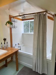 a bathroom with a tub and a shower curtain at Kinsol Hideaway in Shawnigan Lake +22 photos