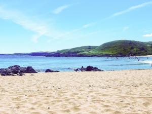 a sandy beach with people swimming in the ocean at Fairlaw Garden Cottage in Reston