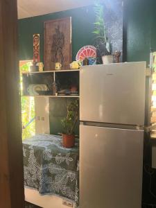 a kitchen with a refrigerator and a shelf with plants at Chalet Avapeihi in Fitii +3 photos