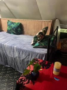 a bed with pillows and a table in a room at Chalet Avapeihi in Fitii