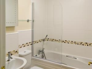 a bathroom with a shower and a toilet and a sink at Flat 2 Lonsdale House in Keswick +2 photos
