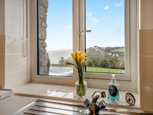 a kitchen sink with a window with a view of the ocean at Granary Cottage - Uk10695 in Amroth
