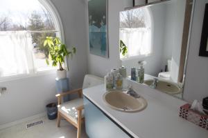 a bathroom with a sink and a mirror and a chair at Gypsy by the Lake Bed and Breakfast in Sutton