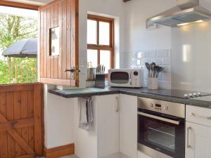 a kitchen with a counter top with a microwave at Woodpecker Rest in Cilgerran