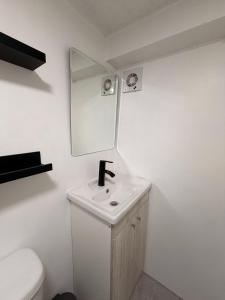 a bathroom with a sink and a mirror at Hostal Andino in Santiago +75 photos